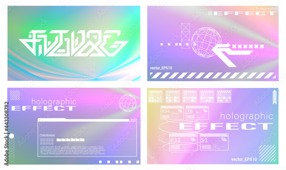 Aufkleber Holographic gradient texture set with trendy and elements. Neon background in psychedelic style. Abstract colorful texture with spectral stains. Holographic backgrounds. Vector polarization effect