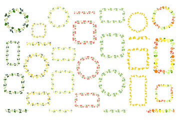 Set of isolated decorative vector frames and borders. Avocado pear apple banana citrus fruits. Endless brush, floral seamless border. Line pattern, edge decor. Positive fruit summer ornament