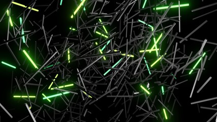 3d render. 3d abstract simple geometric background with green rectangles like light bulbs flashing neon lights fly in the air. Creative simple motion design bg with 3d objects