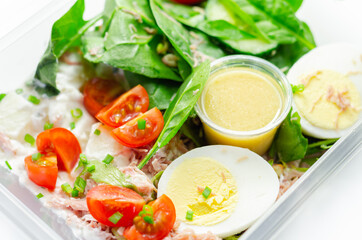 Healthy salad in the plastic food box, potato salad with hard boiled egg, shredded ham, cucumber, tomatoes, lettuce and spinach with a honey and mustard dressing pot