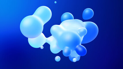 3d render. Spheres or balls merge like liquid wax drops or metaballs in-air. Liquid gradient of blue colors on beautiful drops with glow, scattering light inside.