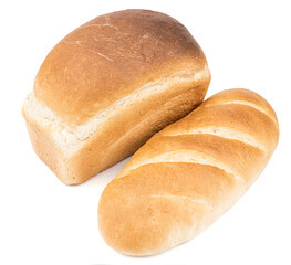 fresh wheat loaf and bread stick isolated on white background. bread brick and long loaf cut out