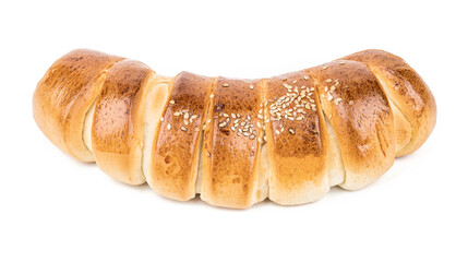 rolled cheese and ham bun isolated on white background. bakery cut out