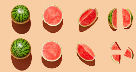 Stages of cutting a watermelon on orange pastel background