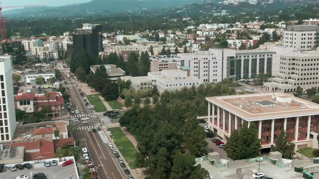 Aerial: The University of California (UCLA) Campus. Los Angeles, California, USA