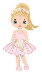 Cute Blond Girl in Pastel Pink Dress with Flowers