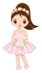 Cute Girl in Pastel Pink Dress with Flowers