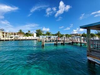 Fototapeta na wymiar Bimini Blue Water Marina on North Bimini, Bahamas on sunny summer morning.