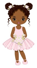 Obraz na płótnie Canvas Black Cute Girl in Pastel Pink Dress with Two Buns