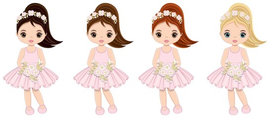 Cute Girls in Pastel Pink Dresses with Flowers