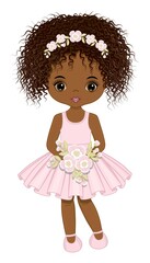 Black Girl in Pastel Pink Dress Holding Flowers