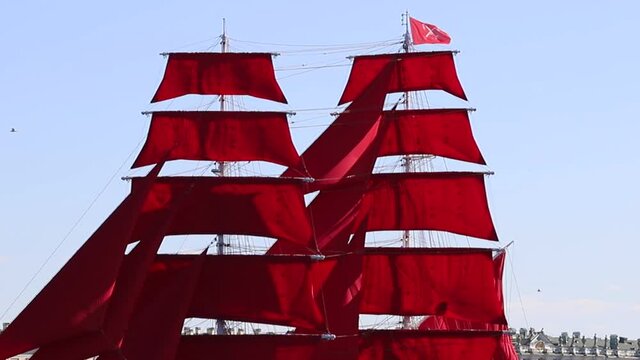 Brig with scarlet sails on the Neva in St. Petersburg. Russia, Saint Petersburg June 2021