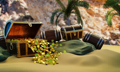 Gold coins are scattered from boxes or treasure chests. wooden treasure chest put on the beach at a deserted island in the theme of Pirate treasure. 3D rendering