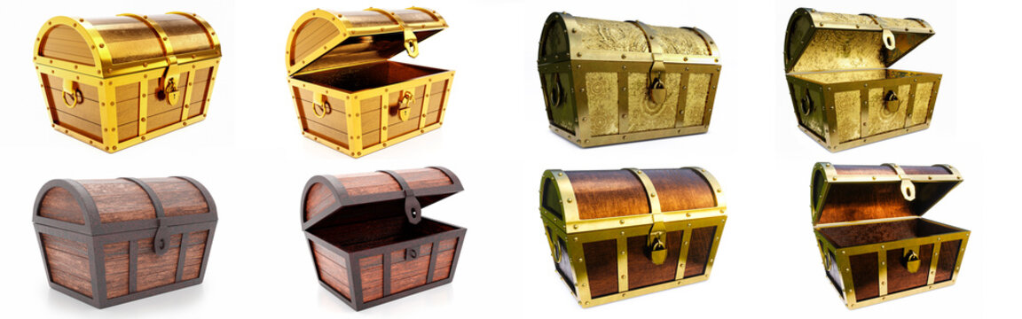 Set of Treasure chest made of gold and Wooden. Antique chest made of wood and metal, painted gold. Antique padlock locks the treasure chest. on a white background. 3D rendering
