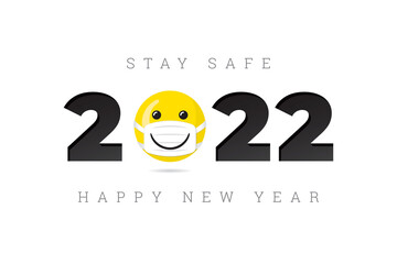 2022 Numerals with Smiling Face Protected with Medical Mask and Stay Safe Logo Lettering Happy New Year Greeting Concept - Black and Yellow on White Background - Mixed Graphic Design