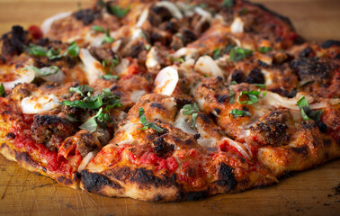 closeup of artisan pizza with tomato sauce, sausage, onions and fresh basil