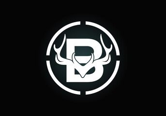 Letter B with deer antlers in target shape, flat style logo design vector template, Hunting inspirations symbol for corporate business identity