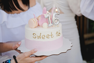 birthday cake for 16 years. Sweet 16. Sweet Sixteen Party - obrazy, fototapety, plakaty