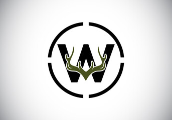 Letter W with deer antlers in target shape, flat style logo design vector template, Hunting inspirations symbol for corporate business identity