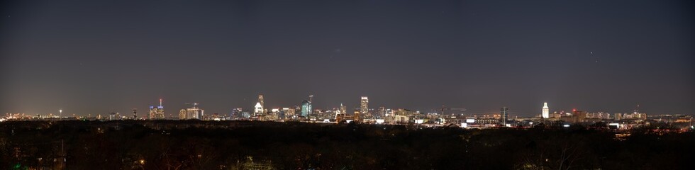 Fototapeta premium Wide Angle Panoramic View of Downtown Austin Skyline at Night