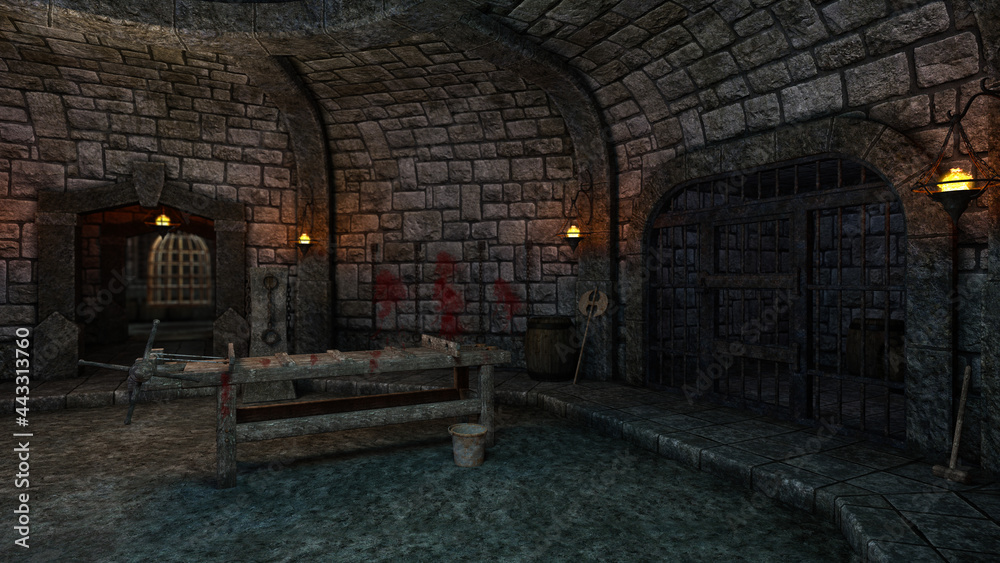 Aufkleber 3d illustration of a medieval castle dungeon with a prison cell and torture rack table.