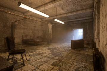 3D illustration of a dirty old abandoned hospital ward.