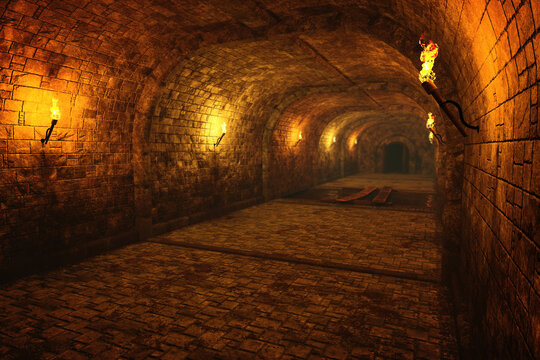 3d illustration of a dark medieval castle dungeon tunnel lit by fire torches on the walls.