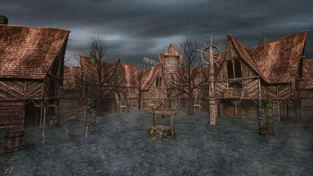 3D illustration of a medieval fantasy village or town with wooden buildings, a well and a windmill.