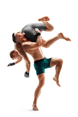MMA fighting. Side Slam. Two fighters are fighting. Sport concept. Isolated