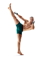 MMA kick. Sport concept. MMA fighter isolated on white background. Athlete. Mawashi