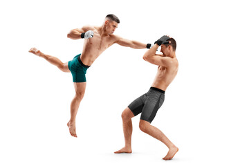 Fototapeta premium Punch in MMA. Two fighters are fighting. Hand kick. Sport action concept. Isolated