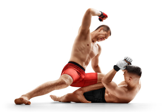 MMA. Two fighters are fighting. Punches. Sport action concept. Emotions of winner. Isolated