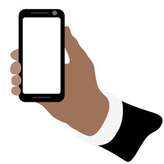 Man in buisness suit holds the mobile phone in his hand vector svg illustration