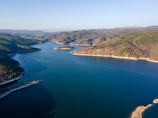 Fototapeta premium Aerial view of Topolnitsa Reservoir, Bulgaria
