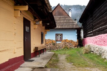 Fototapeta na wymiar Traditional folk historic houses in Vlkolinec open air museum near Ruzomberok in Slovakia, Europe