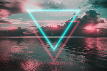 Futuristic background, calm night sea, portal emerging from the water or neon frame