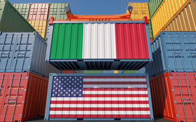 Container Terminal. Two cargo Container with Italy and USA flags. 3D Rendering