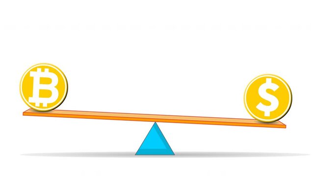 Bitcoin vs dollar on scale animation. Real money and crypto money symbols balancing on the leverage. Finance, technology, blockchain versus. White background. Illustration video footage