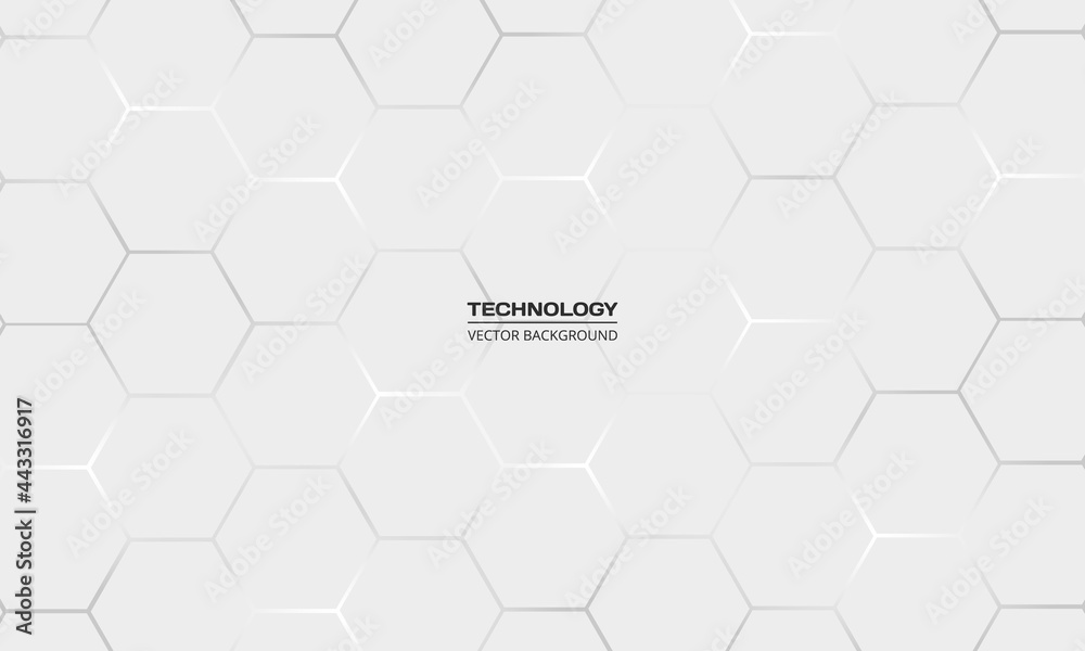Poster Light gray hexagonal technology vector abstract background. White bright energy flashes under hexagon in technology futuristic modern background vector illustration. White honeycomb texture grid.
