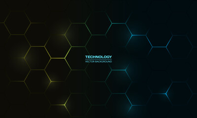 Dark hexagonal technology abstract vector background with blue and yellow colored bright flashes under hexagon. Hexagonal gaming vector abstract background. © Biod