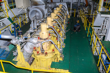 Marine engine. Diesel generator. Engine room interior.