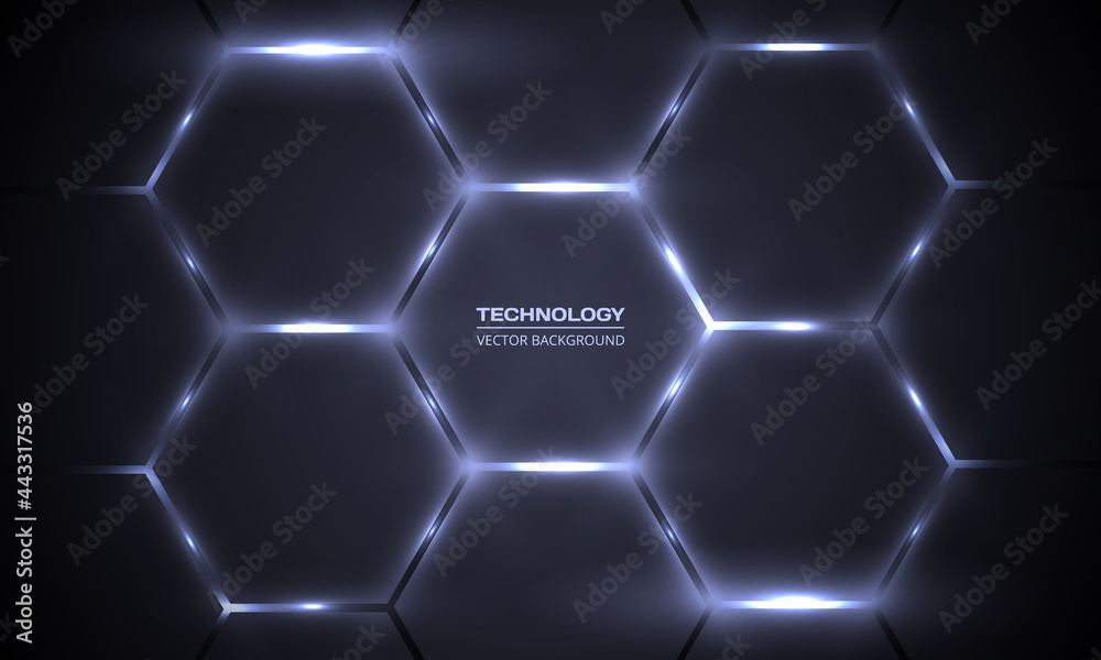 Poster Dark gray hexagonal technology vector abstract background. Bright white energy flashes under hexagon in technology futuristic modern background vector illustration. Dark honeycomb texture grid