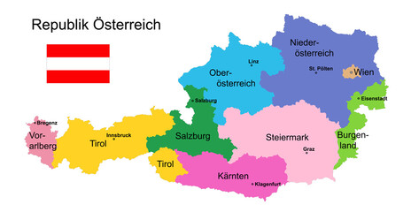 Landkarte Republik Österreich mit Flagge, Bundesländer, Städte und Hauptstädte,
Vektor Illustration isoliert auf weißem Hintergrund
