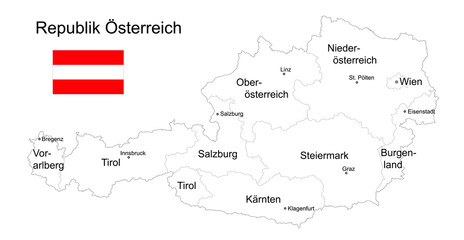 Obraz premium Landkarte Republik Österreich zum ausmalen, mit Flagge, Bundesländer, Städte und Hauptstädte, Vektor Illustration isoliert auf weißem Hintergrund 