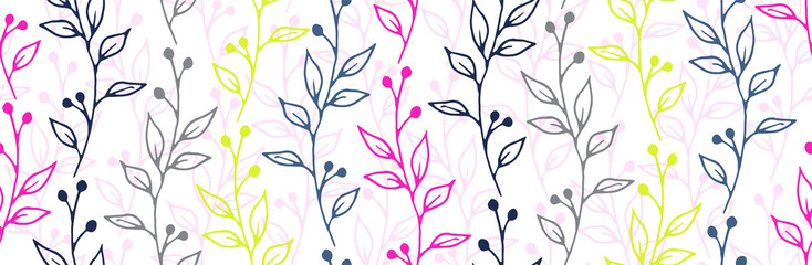 Berry bush sprigs organic vector seamless ornament. Minimalist floral textile print. Grass plants leaves and stems wallpaper. Berry bush sprouts isolated endless pattern