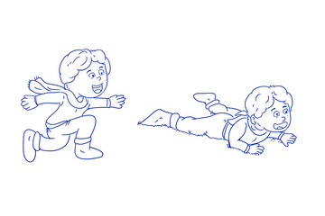 Boy run and fall line art hand draw vector illustration