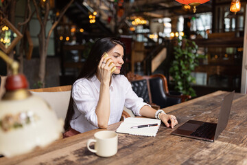 Young Caucasian business woman with long brunette hair working on laptop in cafe. College student using technology , online education, freelance 