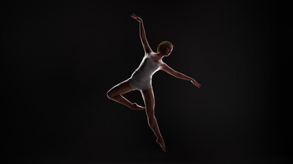 3D illustration of a young female ballet dancer striking a dynamic pose against a dark background with backlighting.