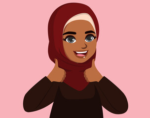Beautiful black muslim woman smiling making thumbs up hand gesture on pink background
