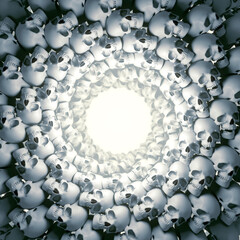 Tunnel of white skulls in modern style. Light at the end of the tunnel. 3d rendering digital illustration